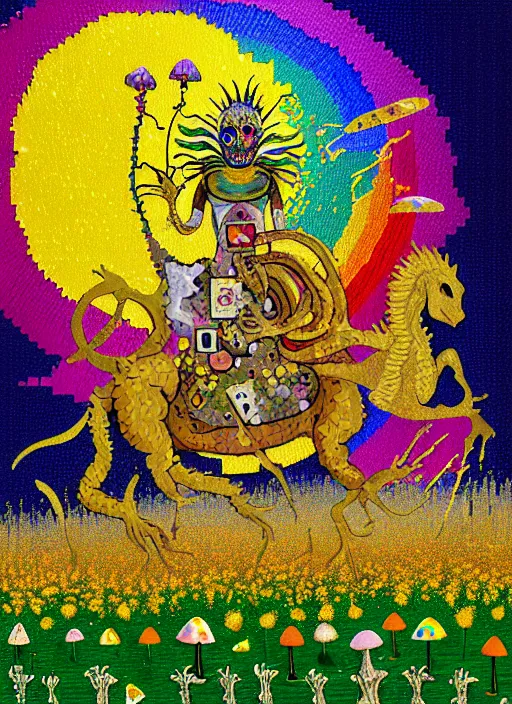 Image similar to pixel decollage painting tarot sun card composition golden armor alien zombie horseman riding on a crystal bone dragon broken rainbow diamond maggot horse in a blossoming meadow full of colorful mushrooms and golden foil toad blobs in a golden sunset, distant forest horizon, painted by mark rothko, helen frankenthaler, danny fox and hilma af klint, pixelated