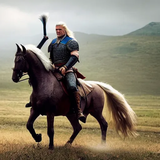 Image similar to donald trump riding a warrior horse as geralt of rivia from the witcher movie, dramatic film still, details, sigma 7 5 mm, 4 k