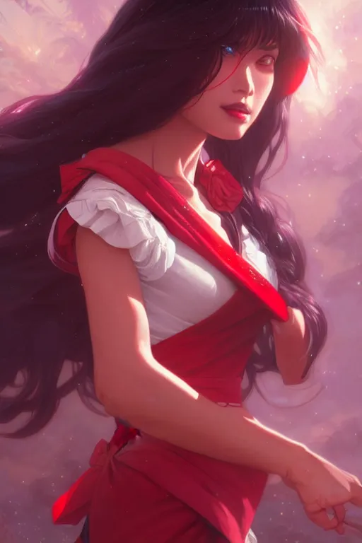 Image similar to sailor mars, fantasy, intricate, elegant, highly detailed, digital painting, artstation, concept art, matte, sharp focus, illustration, art by Artgerm and Greg Rutkowski and Alphonse Mucha