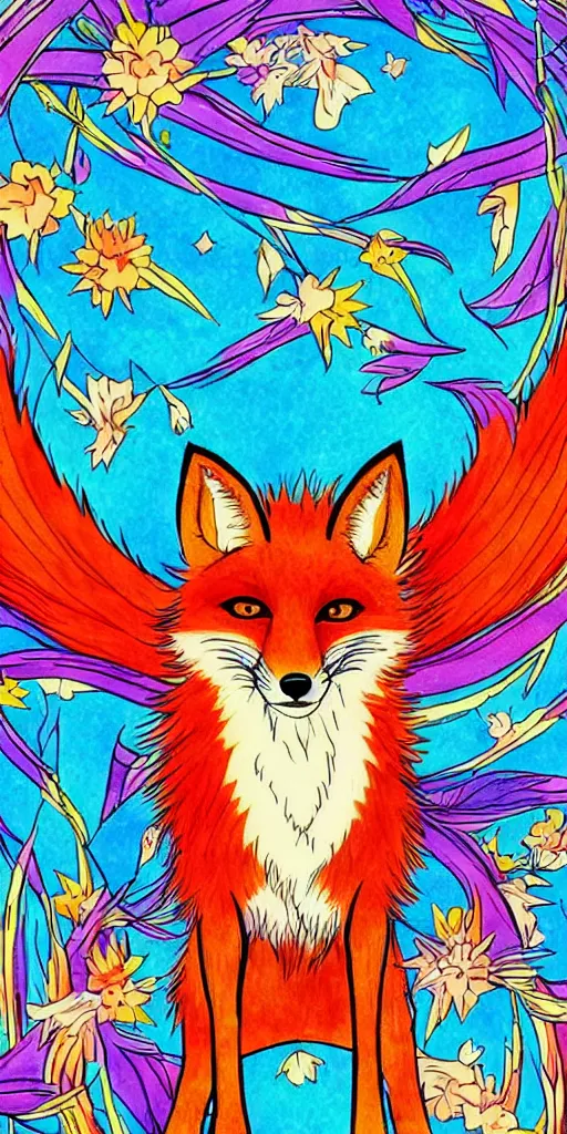 Prompt: a magical anime fox, bright colours, drawn in classic Japanese style amazing line work, high quality, Psychedelic, Tarot card, tarot card strength