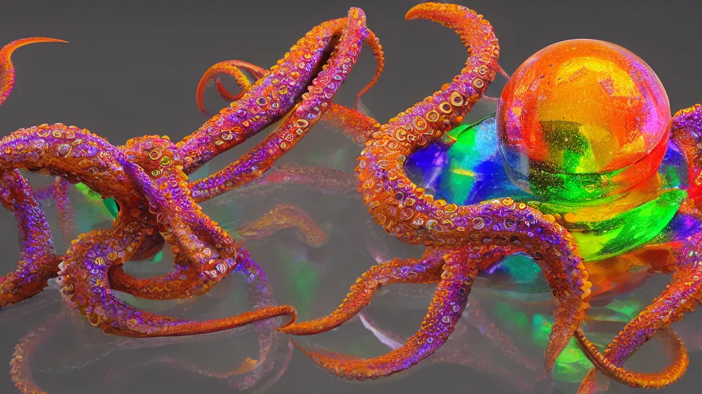 Prompt: Sculpture, a octopus made of glass, intricate detail, colorful, a masterpiece, refracting light, pbr, dramatic, path tracing, refraction
