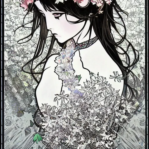 Prompt: anime manga skull portrait young woman hair floral crown fairytale comic jim lee skeleton illustration style by Alphonse Mucha warhol pop art nouveau