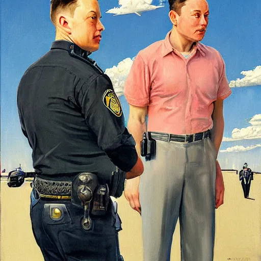 Prompt: elon musk getting arrested painting in the style of norman rockwell