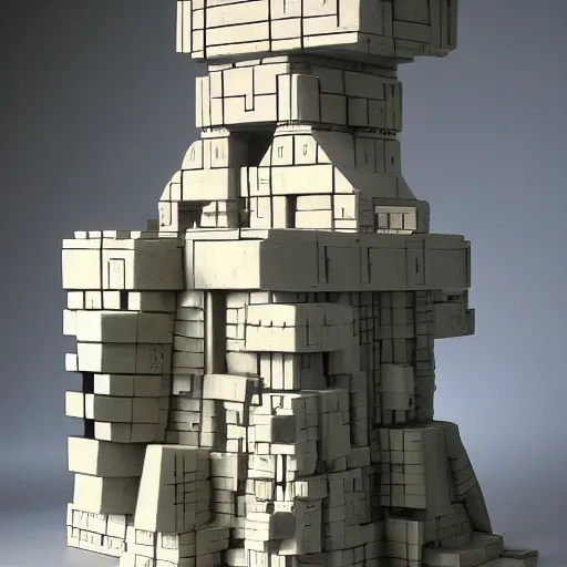 Image similar to abstract sculpture representing mecha mayan temples mixed with futuristic cubist mountains