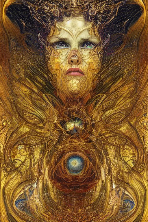 Image similar to Divine Chaos Engine portrait by Karol Bak, Jean Deville, Gustav Klimt, and Vincent Van Gogh, sacred geometry, visionary, mystic, fractal structures, ornate gilded medieval icon, spirals