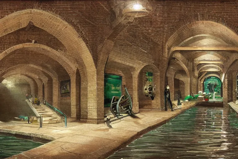 Prompt: James Gurney concept art of wet underground sewer tunnels with gym equipment, water flowing through the sewer, railing along the canal, brick walls, arches, detailed architecture, brass pipes on the walls, a slight green glow emanates from the water, artificial warm lighting, a variety of vivid materials