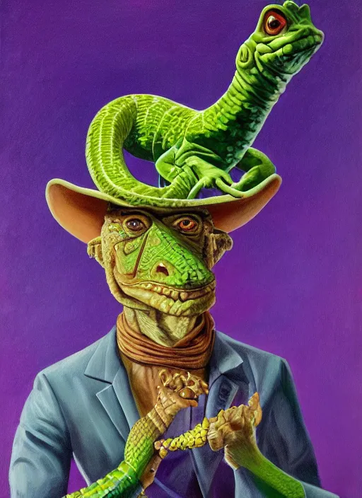 Image similar to oil painting portrait of a cowboy lizard person, a gorn from star trek, a snake oil salesman wearing a blonde wig in a movie poster for a movie called gorn on the bull horn girl, purple green color scheme