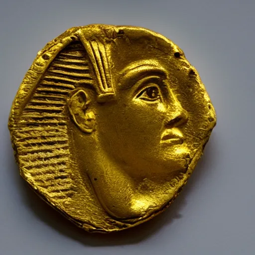 Image similar to an ancient roman gold coin with the face of a pharaoh, close up photo, ultra realistic, studio photo, bokeh.