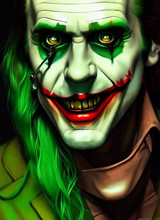 Image similar to portrait of jared leto as the joker, green hair, intricate, elegant, glowing lights, highly detailed, digital painting, artstation, concept art, sharp focus, illustration, art by wlop, mars ravelo and greg rutkowski