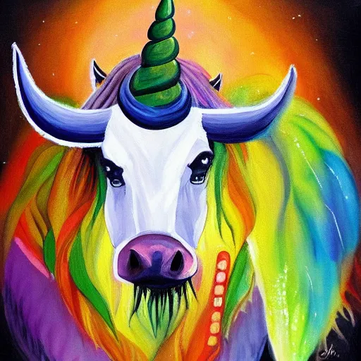 Prompt: A Bufficorn, a mythical animal which is half buffalo, half Unicorn. painting