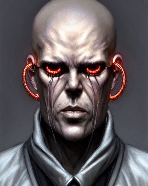 Image similar to front mugshot!!! of a cyberpunk criminal mastermind character, intricate, elegant, highly detailed, centered, (((artstation, concept art, smooth, sharp focus, artgerm, Tomasz Alen Kopera, Peter Mohrbacher, donato giancola, Joseph Christian Leyendecker, WLOP, Boris Vallejo))), mugshot!!!!!, ugly!!!!!!, octane render, nvidia raytracing demo, grainy, muted