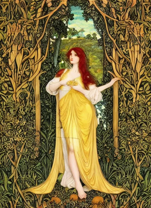 Image similar to masterpiece beautiful seductive flowing curves pose preraphaelite portrait photography, straight bangs, thick set, yellow ochre ornate medieval dress, mushroom forest arch, amongst foliage, william morris and kilian eng and mucha, framed, 4 k