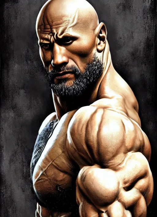 Image similar to a highly detailed beautiful portrait of dwayne johnson kratos hybrid god of war, spartan warrior, olympian god, muscular!!, james gurney, frank frazetta, boris vallejo, octane, fantasy