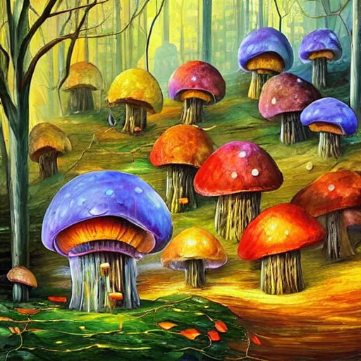 Image similar to glowing mushroom houses in a forest village, art by ricardo bofill, james christensen, rob gonsalves, paul lehr, leonid afremov and tim white