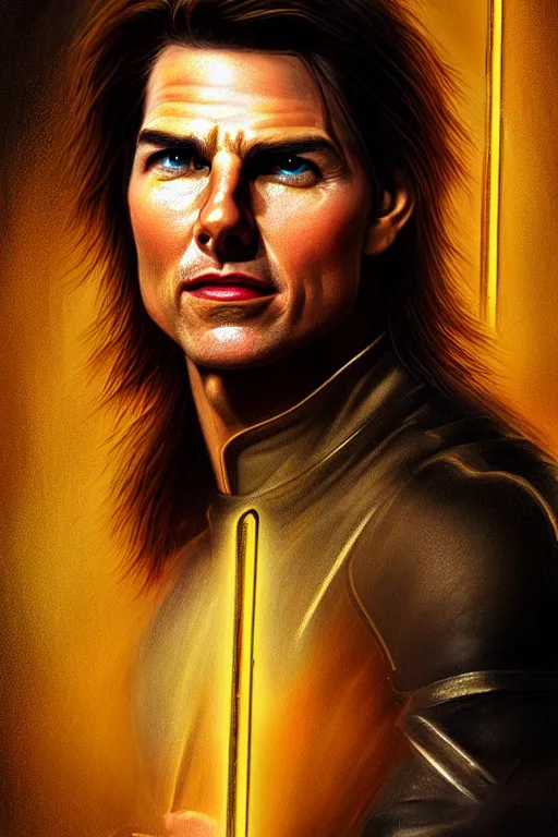 Image similar to Portrait of a tom cruise as a swordsman with long hair, elegant, photorealistic, highly detailed, artstation, smooth, sharp focus, gold ornaments, neon lighting, sci-fi, art by Klimt
