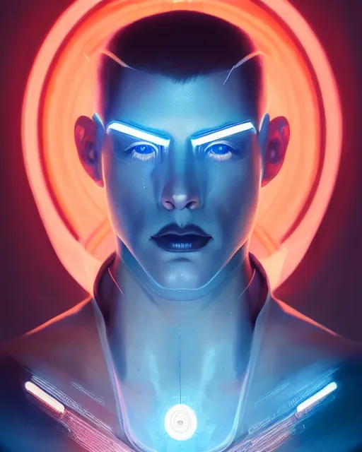 Image similar to symmetry!! centered, head on portrait of a man with futuristic minimalist face tattoos, sci - fi -, cyberpunk, blade runner, glowing lights, tech, biotech, techwear!! intricate, elegant, highly detailed, digital painting, artstation, concept art, smooth, sharp focus, illustration, art by artgerm and greg rutkowski and alphonse mucha