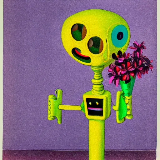 Prompt: a colorful painting by m. c. escher of a happy robot head with flowers growing out of the top