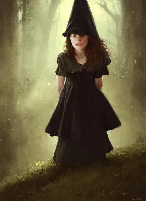 Prompt: a portrait of a thirteen year old girl with brown hair. she is wearing a simple green dress and a black pointed witch hat. beautiful painting with highly detailed face by greg rutkowski and magali villanueve