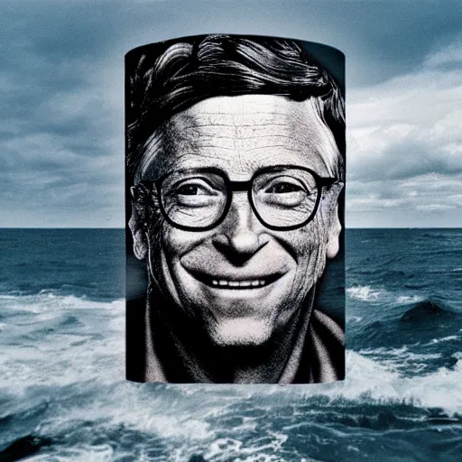 Image similar to a bill gates in the middle of the sea in the style of richard serra