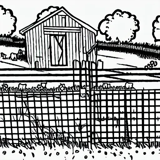 Prompt: farm animals in a fenced area, black and white, coloring book, line drawing