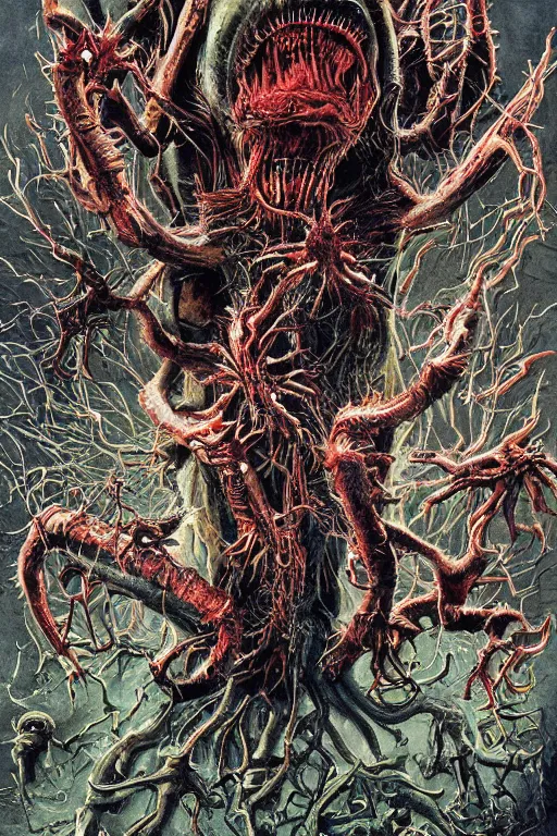 Image similar to a hyper detailed photorealistic painted horror movie poster for the thing 2 1 9 8 2 by john totleben & john carpenter depicting a horroifying abstract shape shifting alien organism made of human and animal tissue