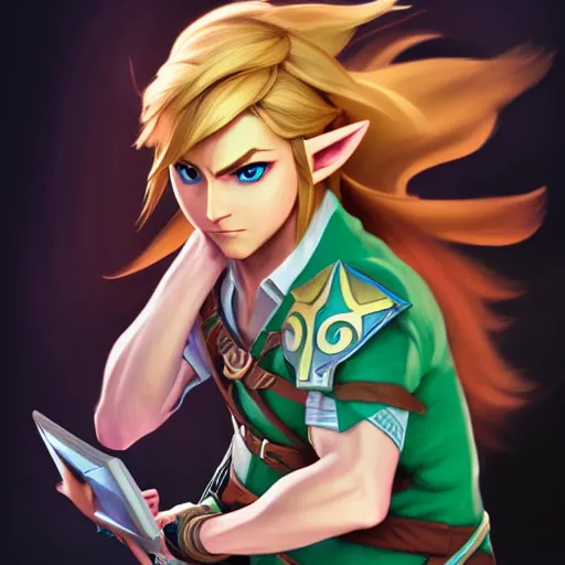 Prompt: link from zelda using computer, sharp focus, illustration, art by artgerm and greg rutkowski and alphonse mucha, 8 k