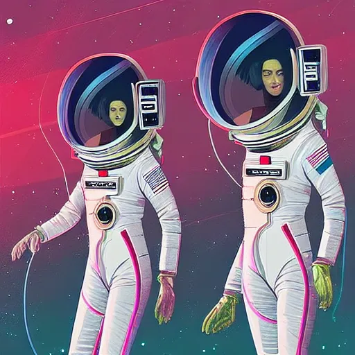 Prompt: portrait of two astronaut girls in tight chromatic suit by Petros Afshar and Beeple, highly detailed