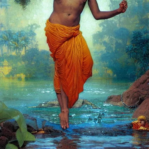 Image similar to highley detailed old srilankan buddhist monk drowning in liquid gold in baroque style, painting by gaston bussiere, craig mullins, j. c. leyendecker, lights, art by ernst haeckel, john william godward, hammershøi,