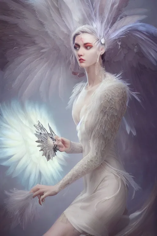 Prompt: beautiful ghost model wearing crystal white feathers, holding books, queen of storytelling, diamonds, angel, fantasy, dramatic lighting, highly detailed, digital painting, magic the gathering, hyper detailed, 3 d render, hyper realistic detailed portrait, peter mohrbacher, wlop, ruan jia