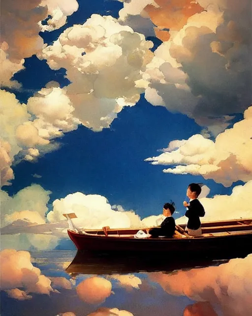 Prompt: cloud sea. atmospheric lighting, stunning, brave. chinese godness. by studio ghibli painting, clouds, wide angle, low - angle shot, by joaquin sorolla rhads leyendecker, by ohara koson and thomas kinkade, traditional japanese colors, superior quality, masterpiece, trending on artstation, isometric
