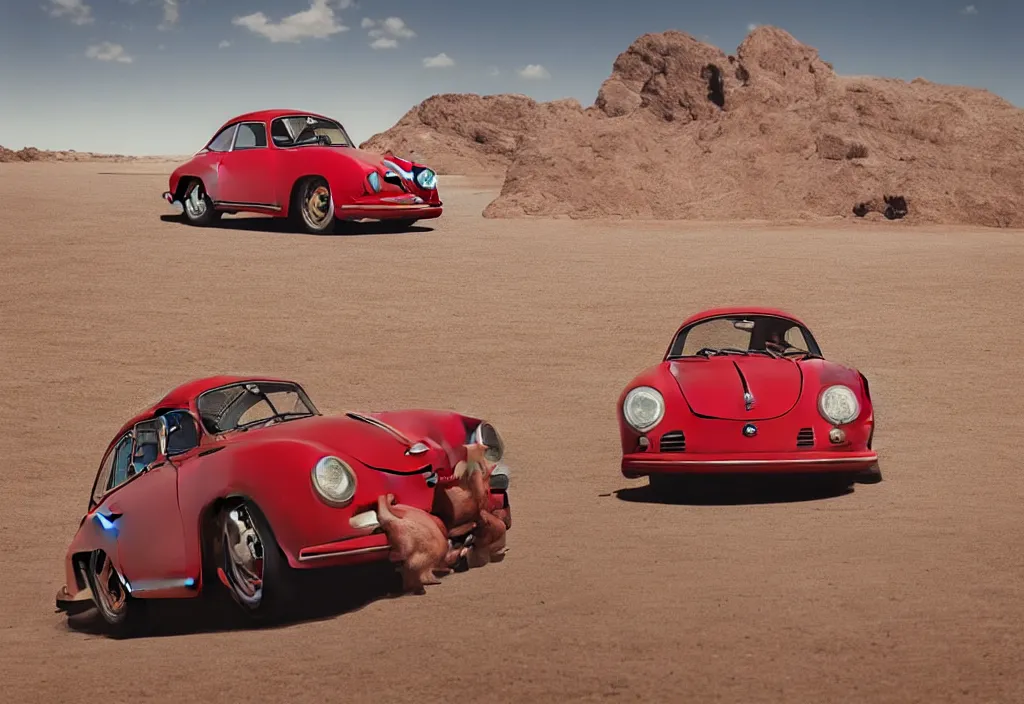 Image similar to “a singular red porsche 356 is parked in the middle of the desert, a matte painting by Scarlett Hooft Graafland, featured on unsplash, australian tonalism, anamorphic lens flare, cinematic lighting, rendered in unreal engine”