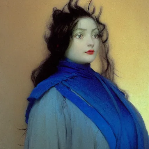 Image similar to a young woman's face, her hair is white and she wears an indigo blue satin cloak, by ivan aivazovsky and syd mead and moebius and gaston bussiere and roger dean and pieter claesz and paul delaroche and alma tadema and aelbert cuyp and willam claesz, hyperrealistic, volumetric light, octane render