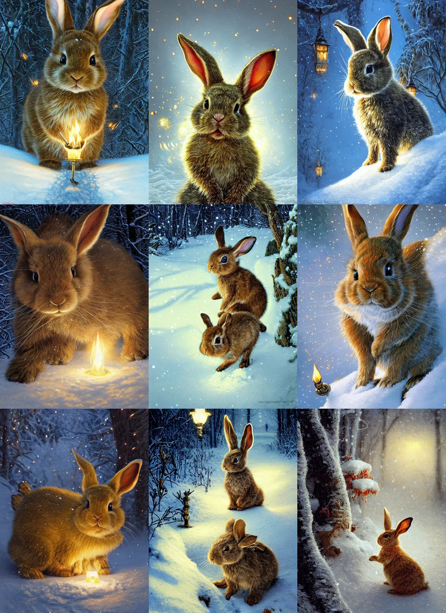 Prompt: close-up portrait of little bunny hopping through the snow, winter scene fantasy, fireflies, torch light, scary creatures in background, intricate, elegant, highly detailed, centered, smooth, sharp focus, Donato Giancola, Joseph Christian Leyendecker, WLOP, Boris Vallejo, Artgerm