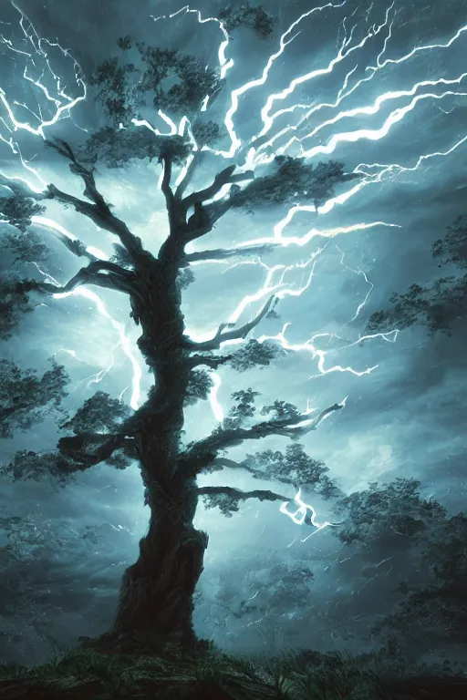 Prompt: a tree with lightning leaves, overexposure, electricity, night, unreal engine, digital art, 8 k, oil painting, fantasy art, illustration, detailed and intricate environment