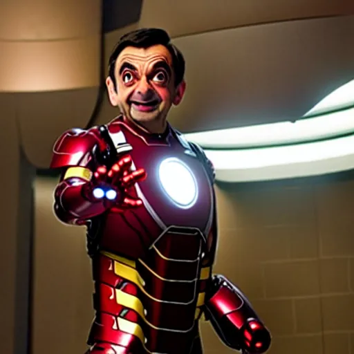 Prompt: mr. bean as ironman in the avengers movie. movie still. cinematic lighting.