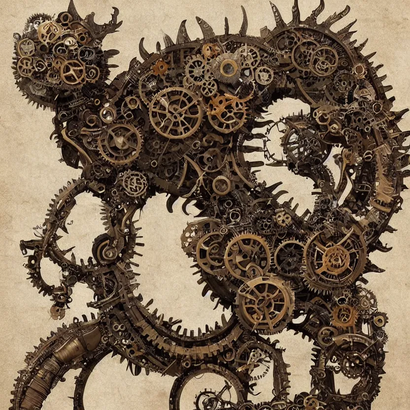 steampunk dragon made of clockwork gears. whimsical