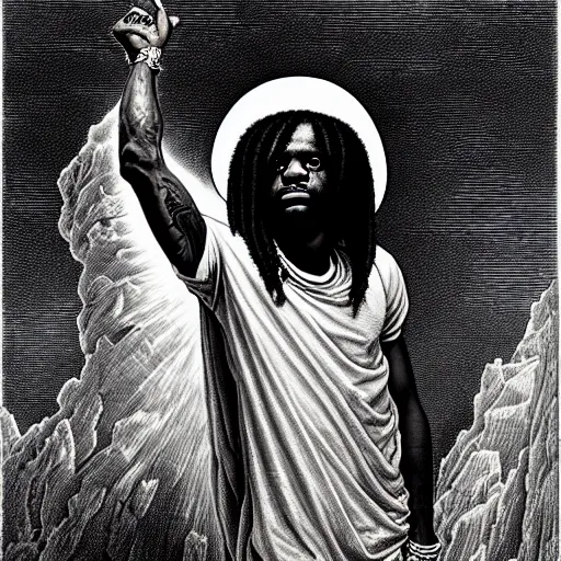 Image similar to cheef keef ascending into heaven holding stacks of cash, biblical image, style of gustave dore, highly detailed, beautiful, high contrast, black and white