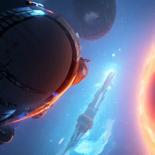 Image similar to an freighter orbiting an giant black hole in outer space, award winning, trending on artstation, unreal engine