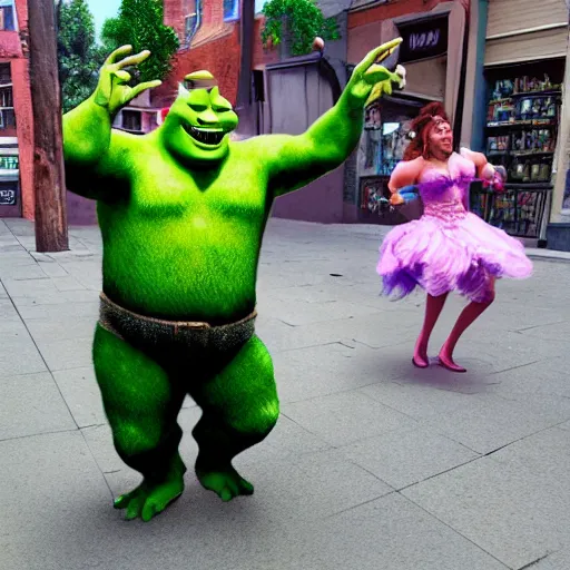 Prompt: realistic shrek dancing on the street in real life w 1 0 2 4