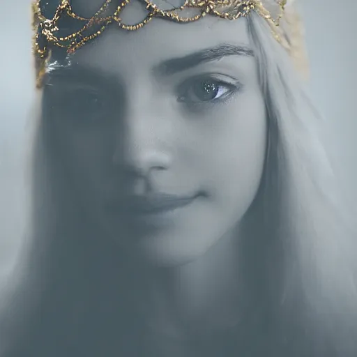 Prompt: a portrait of a beautiful woman wearing a crown, holding a staff, ruler of the world, goddess, princess, silky clothes, light fog, queen of the world, realistic, 8k, ambient lighting, cinematic lighting, depth of field, wide shot,