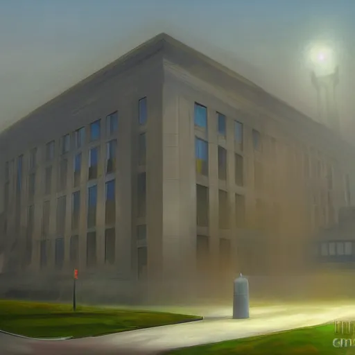 Image similar to a nut attacking the fbi headquarters, digital painting, high quality, volumetric fog