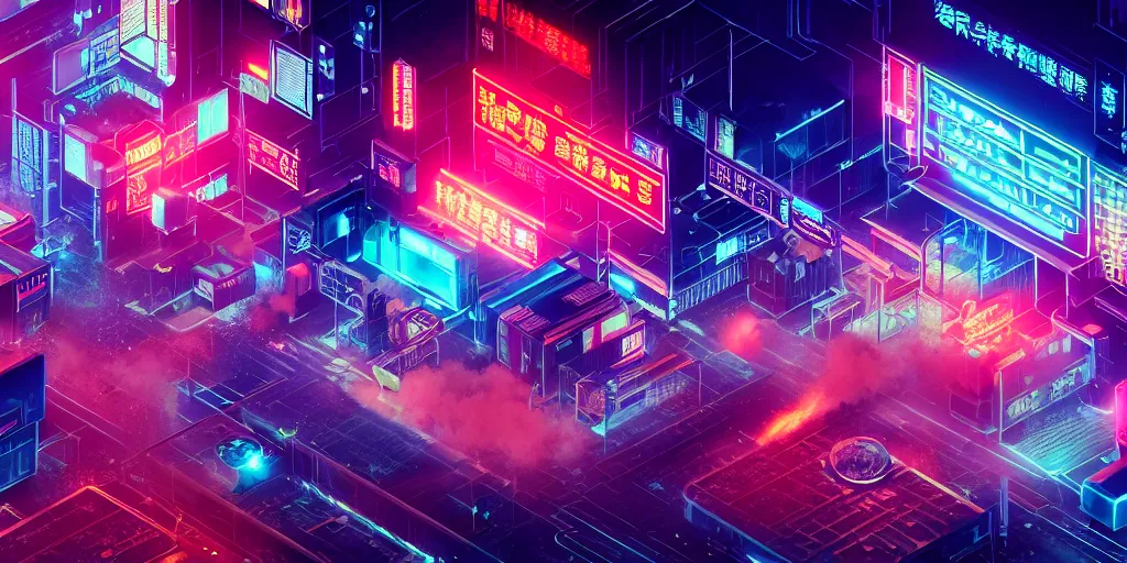 Image similar to isometric room of factory exploding at night in the center of a futuristic sci-fi asian city, signboards, neon lights, blade runner color palette, rendered in octane render by Yasunari Ikenaga, Yamato, Macross