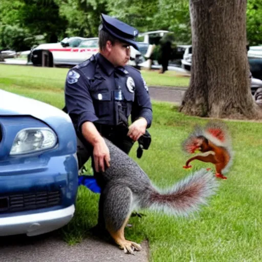 Image similar to a dog-cop ticketing a squirrel with a fine for speeding