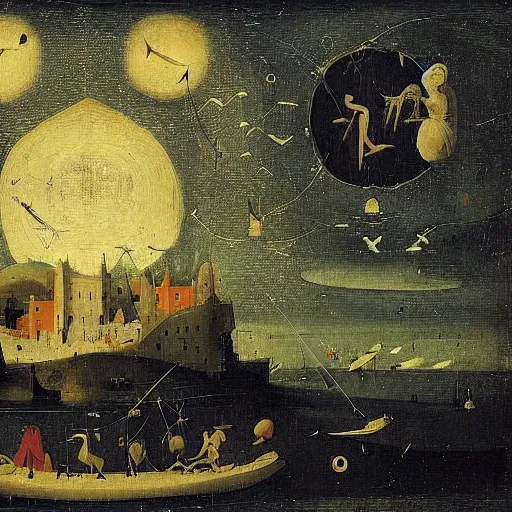 Image similar to The performance art shows a group of flying islands, each with its own unique landscape, floating in the night sky. The islands are connected by a network of bridges, and a small group of people can be seen walking along one of the bridges. Mediterranean by Hieronymous Bosch straight