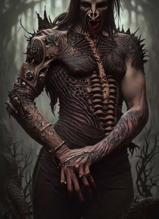 Image similar to ultra realistic, male human predator, dracula, goth, tattoos, leather, fantasy, flesh, bone, body horror, intricate details, eerie, highly detailed, octane render, 8 k, art by artgerm and alphonse mucha and greg rutkowski