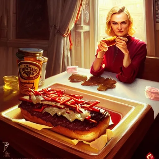 Prompt: Diane Kruger eating cheesesteaks, dripping BBQ Sauce, serving burgers, D&D, spilling ketchup, fantasy, intricate, elegant, highly detailed, digital painting, artstation, concept art, matte, sharp focus, illustration, hearthstone, art by Artgerm and Greg Rutkowski and Alphonse Mucha