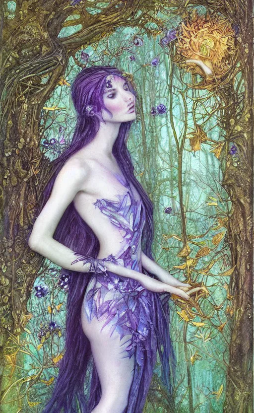 Image similar to fey queen of the summer forest, dress of leaves, fine features, thin, young, silver shimmering hair, by brian froud, stars, night colors, night, purple blue black, oil on canvas, oil panting