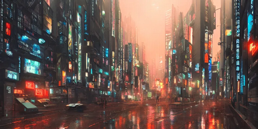 Image similar to Cyberpunk street on a rainy day in Japan, evening, low angle view, detailed matte painting, cinematic, Moebius, Artstation