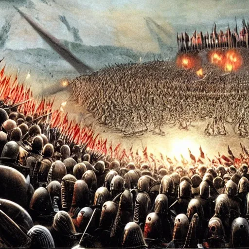 Image similar to enoumous crowd of people, as seen in the battle of helm's deep, but no weapons or armor present, everyone is laughing and pointing at donald trump standing on a podium. style of political cartoon.