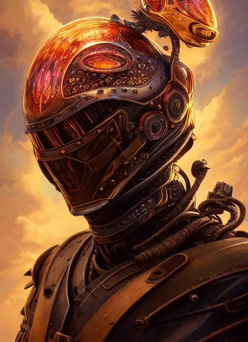 Image similar to highly detailed portrait of reflection of dragonfire on steel shiny helmet, raytracing, fantasy art by by simon bisley, loish, rhads, ferdinand knab, makoto shinkai and lois van baarle, ilya kuvshinov, rossdraws, tom bagshaw, global illumination, radiant light, detailed and intricate environment